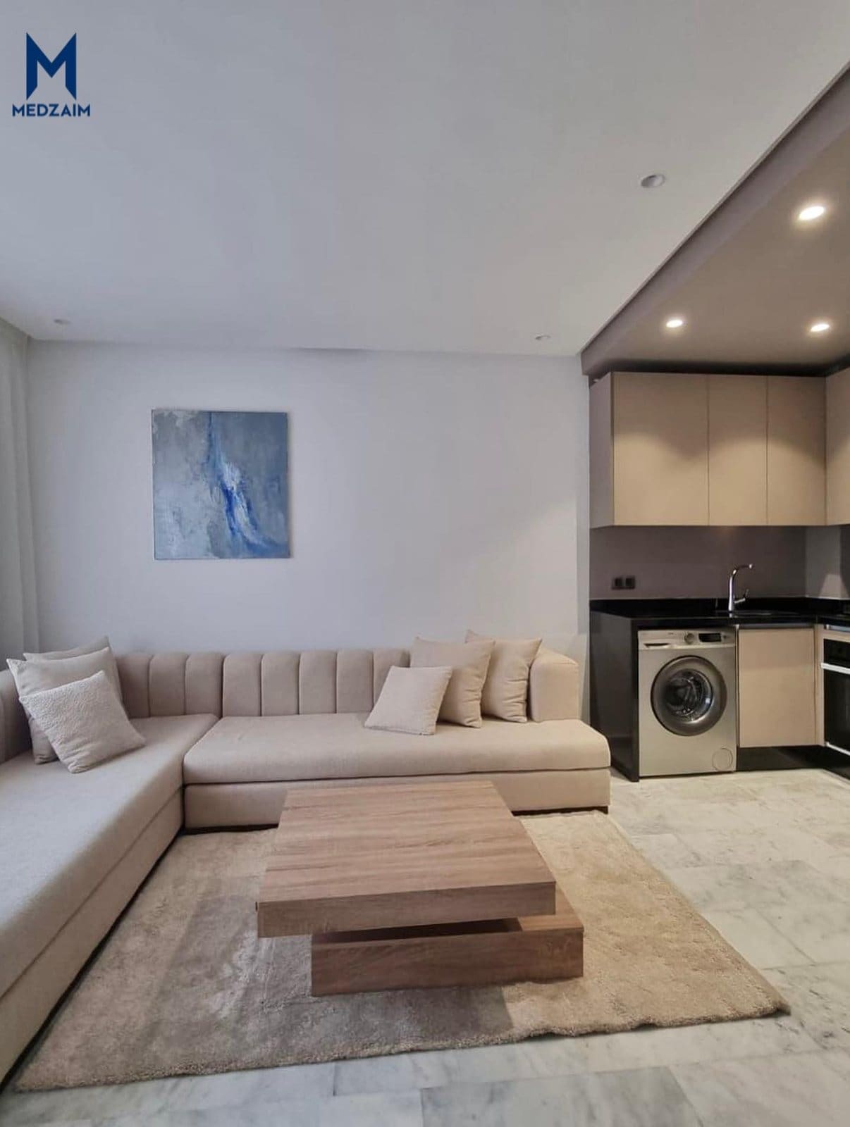 Salon, cuisine américaine et lave-linge — Studio meublé avec garage au 3e étage, Oasis